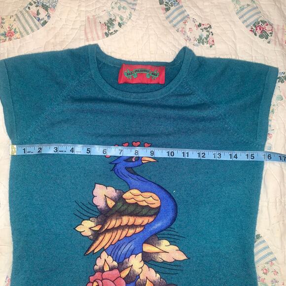 VINTAGE 90's AG AMAL GUESSOUS TEAL CASHMERE INTARSIA  SHORT SLEEVE SWEATER NWOT - Picture 6 of 8